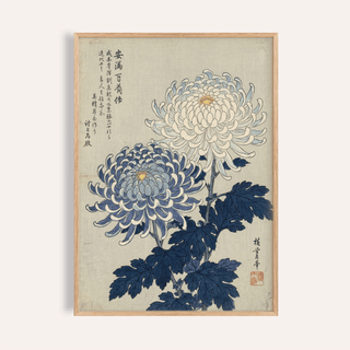 Chrysanthemum Art Print in Blue and White for living room wall art