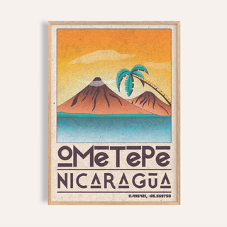 Vintage travel wall art print of Ometepe Nicaragua with twin volcanoes and bold typography