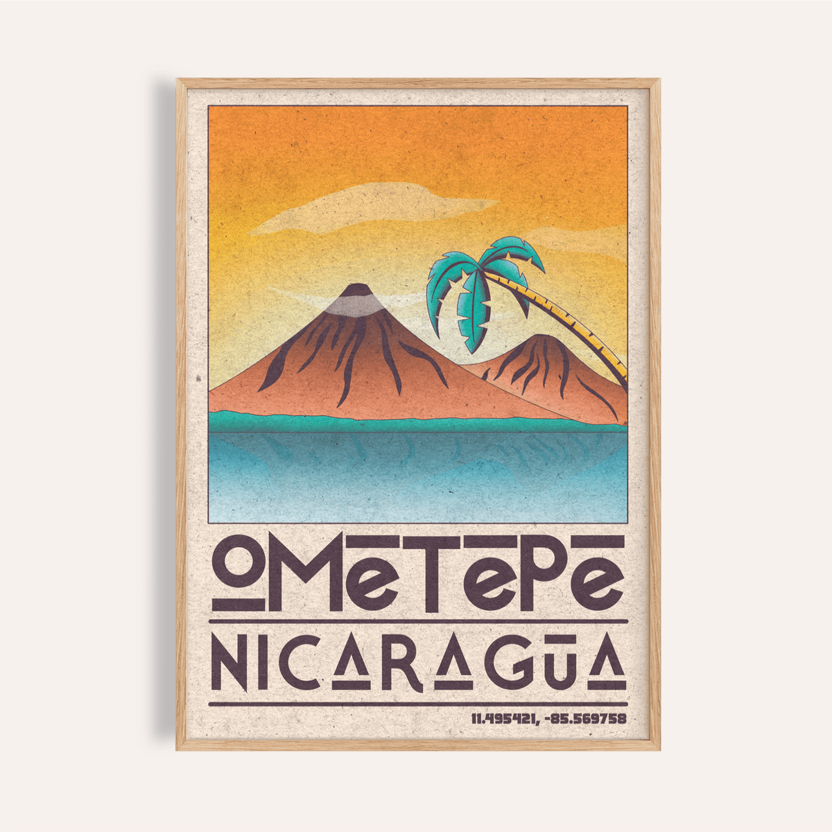 Vintage travel wall art print of Ometepe Nicaragua with twin volcanoes and bold typography