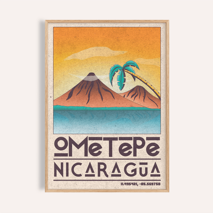 Vintage travel wall art print of Ometepe Nicaragua with twin volcanoes and bold typography