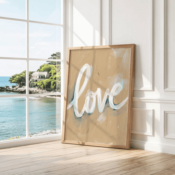 Elegant Love Wall Art, blue white beige color scheme for guest room