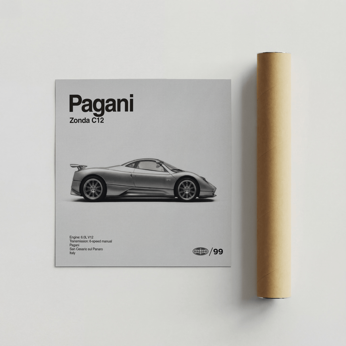 Black and White Pagani Zonda Print as automotive art for den