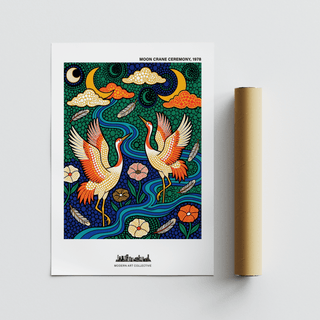 Graphic wildlife poster print with two cranes dancing beneath moons and cloud shapes