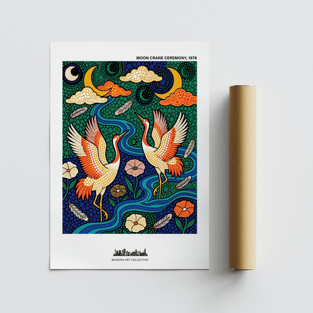 Graphic wildlife poster print with two cranes dancing beneath moons and cloud shapes