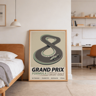 Vintage Race Car Wall Art print with figure 8 track layout and number 7 car