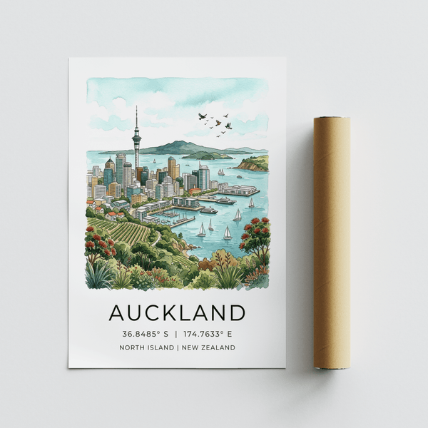 Auckland City Art Print in landscape orientation with coordinate caption