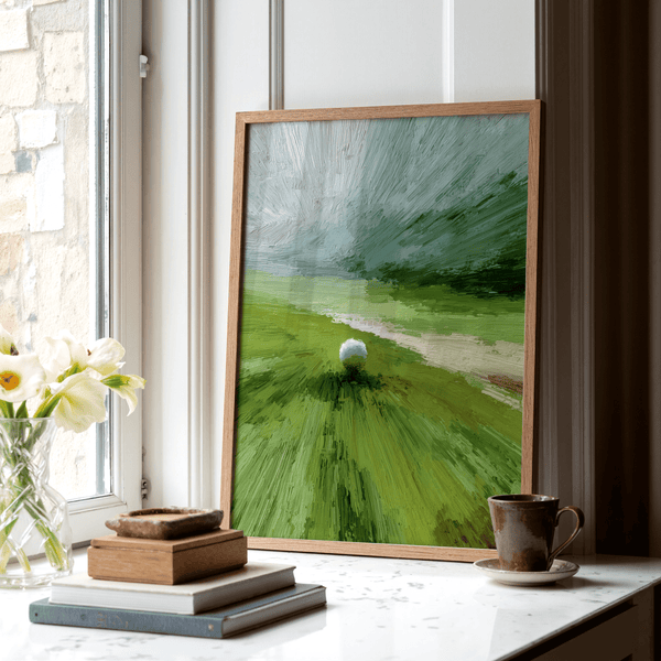 Textured green field and hazy sky Abstract Green Wall Art poster