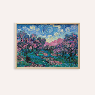 Framed Colorful Landscape Art showing an abstract night grove with blue sky and pink flowering trees