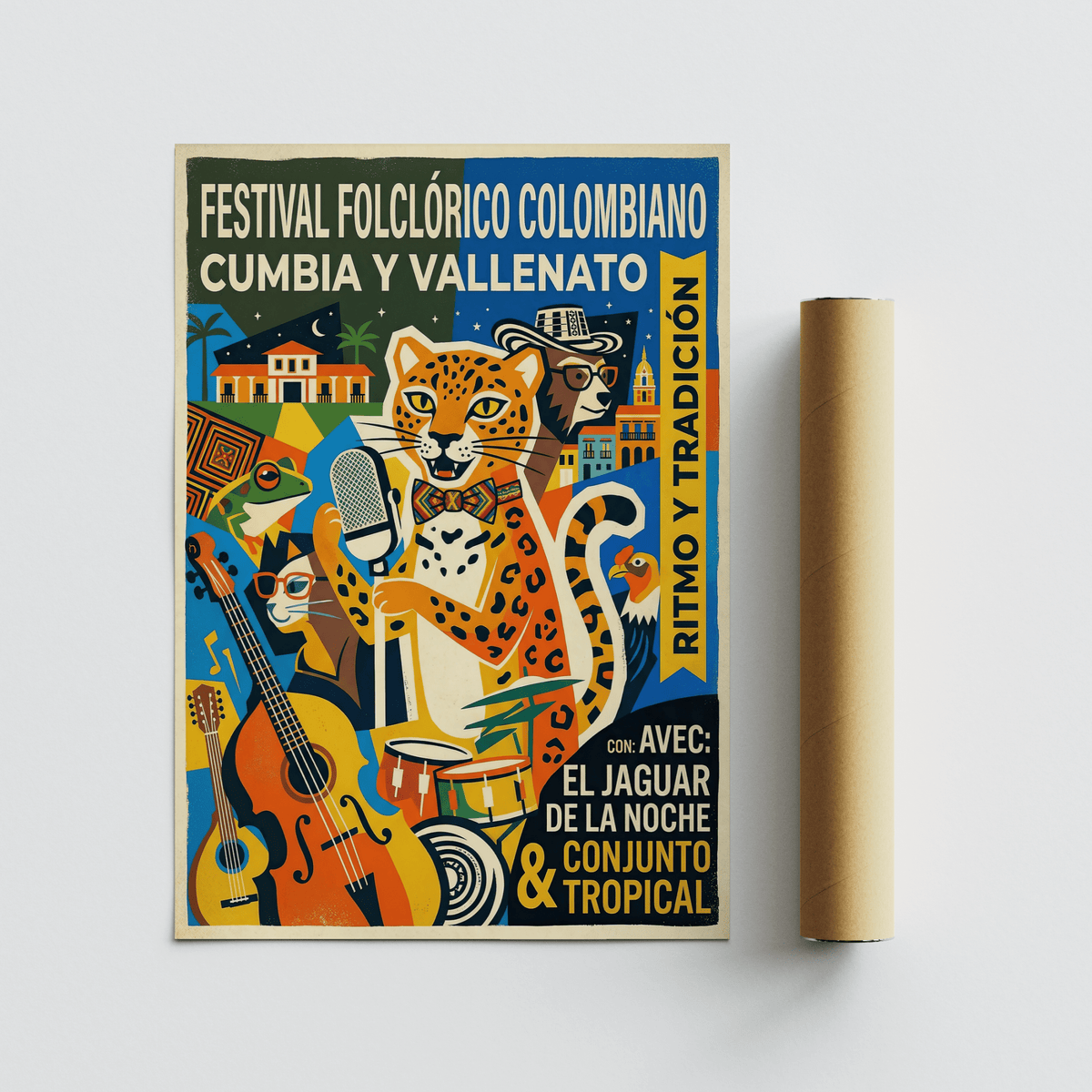 Instrument-themed wall art print showing acoustic guitar and upright bass in bold shapes