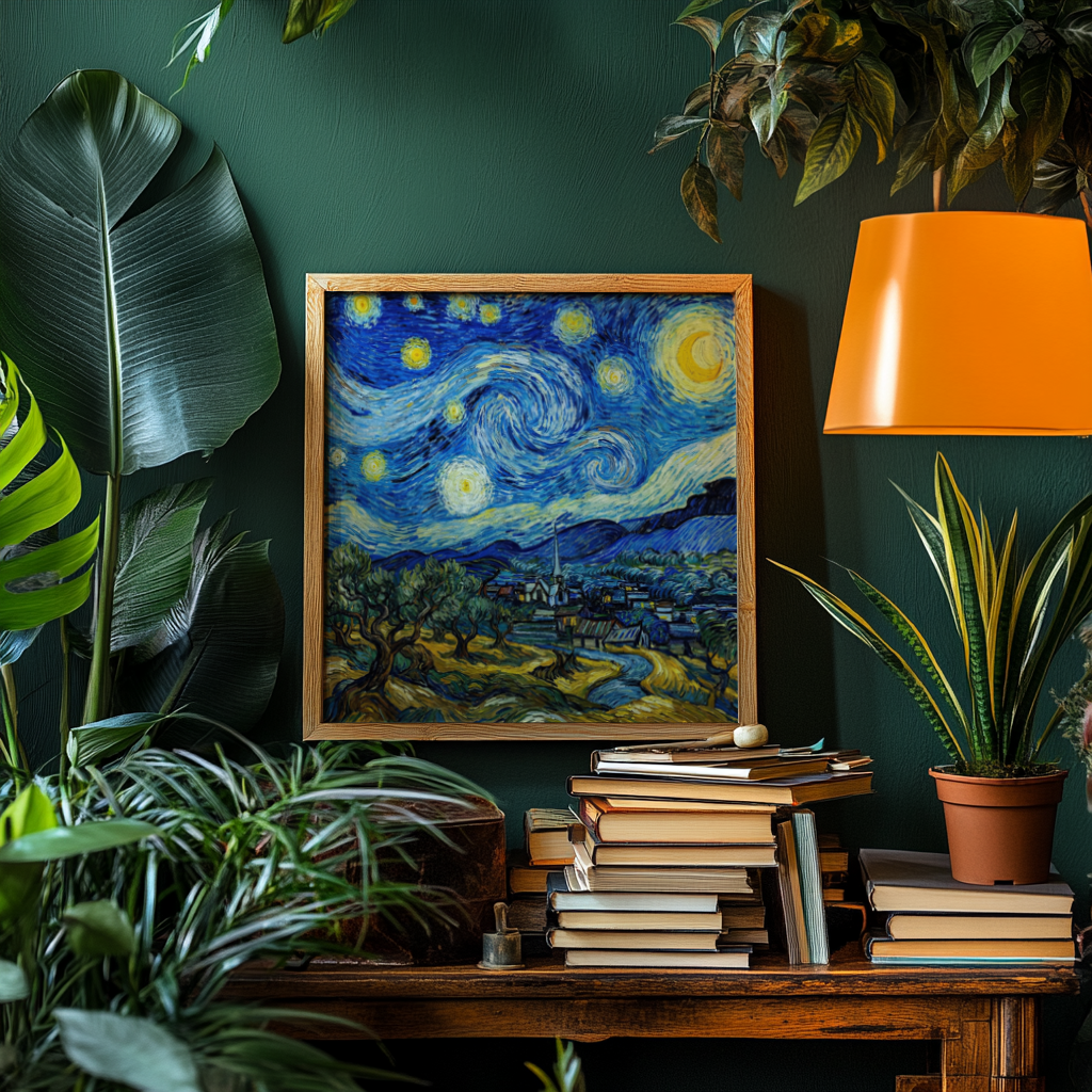 Vivid Blue and Yellow Starry Night Art Print for creative office poster