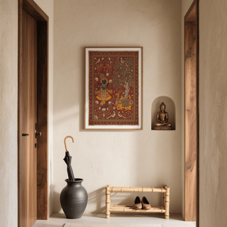 Pattern-rich folk art poster showing lotus blossoms, small oil lamps, and ornate frame border