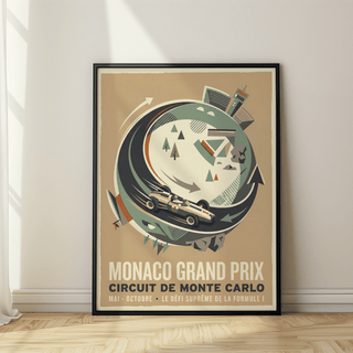 Circular racing poster showing a single-seater car, curved track ring, and directional arrows