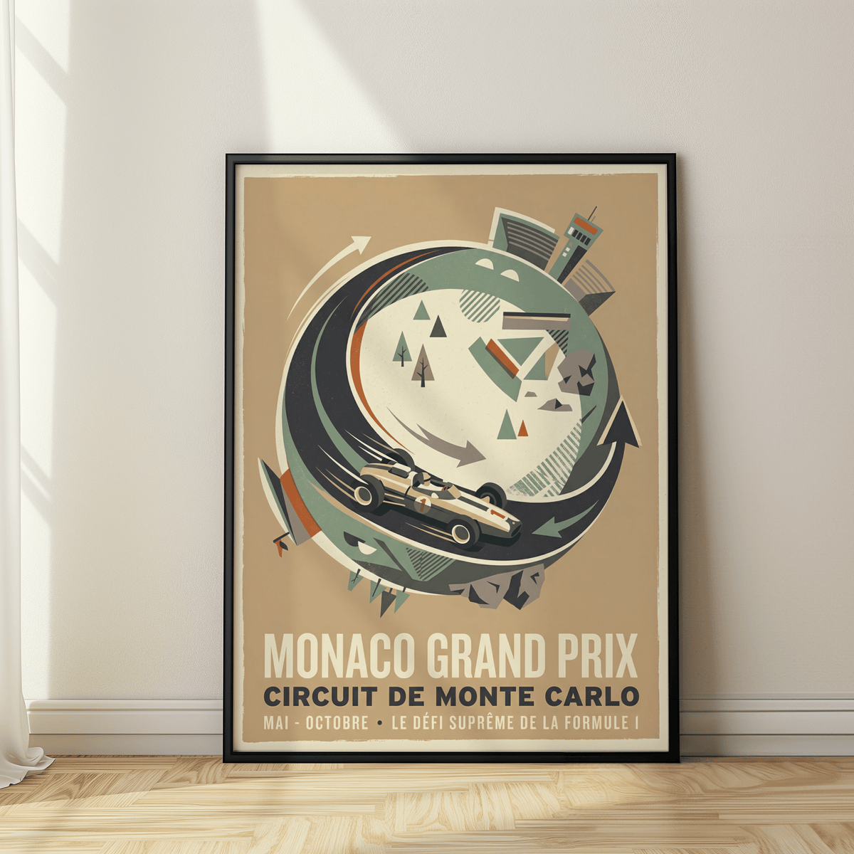 Circular racing poster showing a single-seater car, curved track ring, and directional arrows