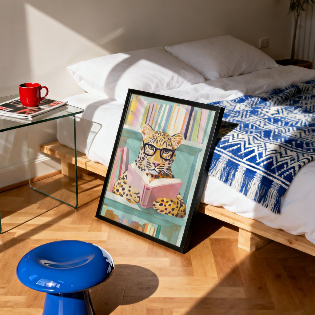 Playful Reading Leopard Art Print showing a leopard wearing glasses and reading on a shelf