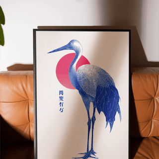 Blue Crane Art Print, Red and Blue colors, bedroom art print