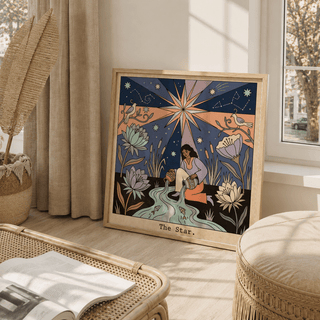 Decorative tarot print poster with stream, fish, and botanical elements in the foreground
