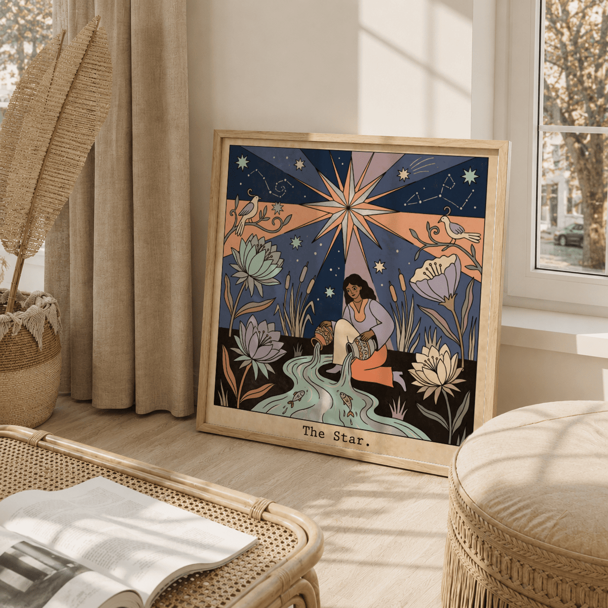 Decorative tarot print poster with stream, fish, and botanical elements in the foreground
