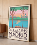 Close-up of travel poster typography reading Casa de Campo Madrid España