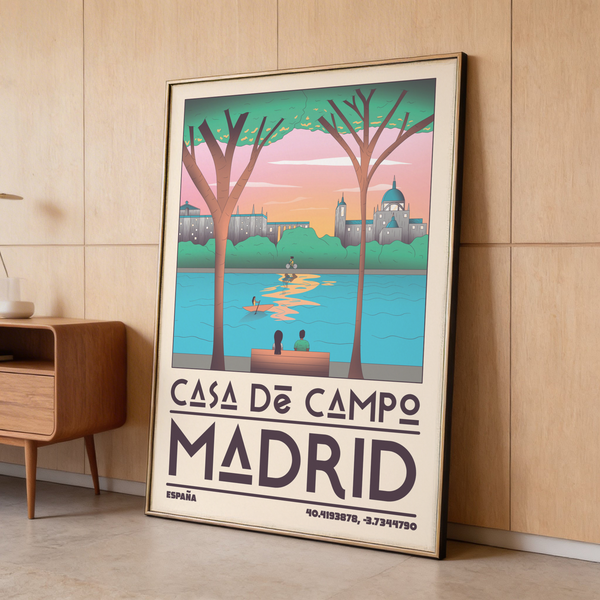 Close-up of travel poster typography reading Casa de Campo Madrid España