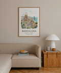 Coastal Barcelona wall art print featuring sail-shaped waterfront building and birds