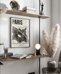 Framed office wall scene featuring Paris Eiffel Tower Print in monochrome