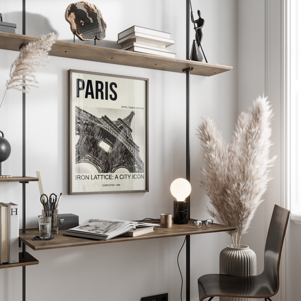 Framed office wall scene featuring Paris Eiffel Tower Print in monochrome