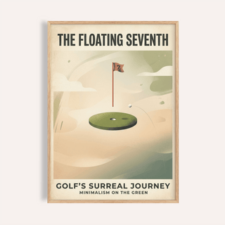Minimalist poster wall art showing a floating putting green and flag