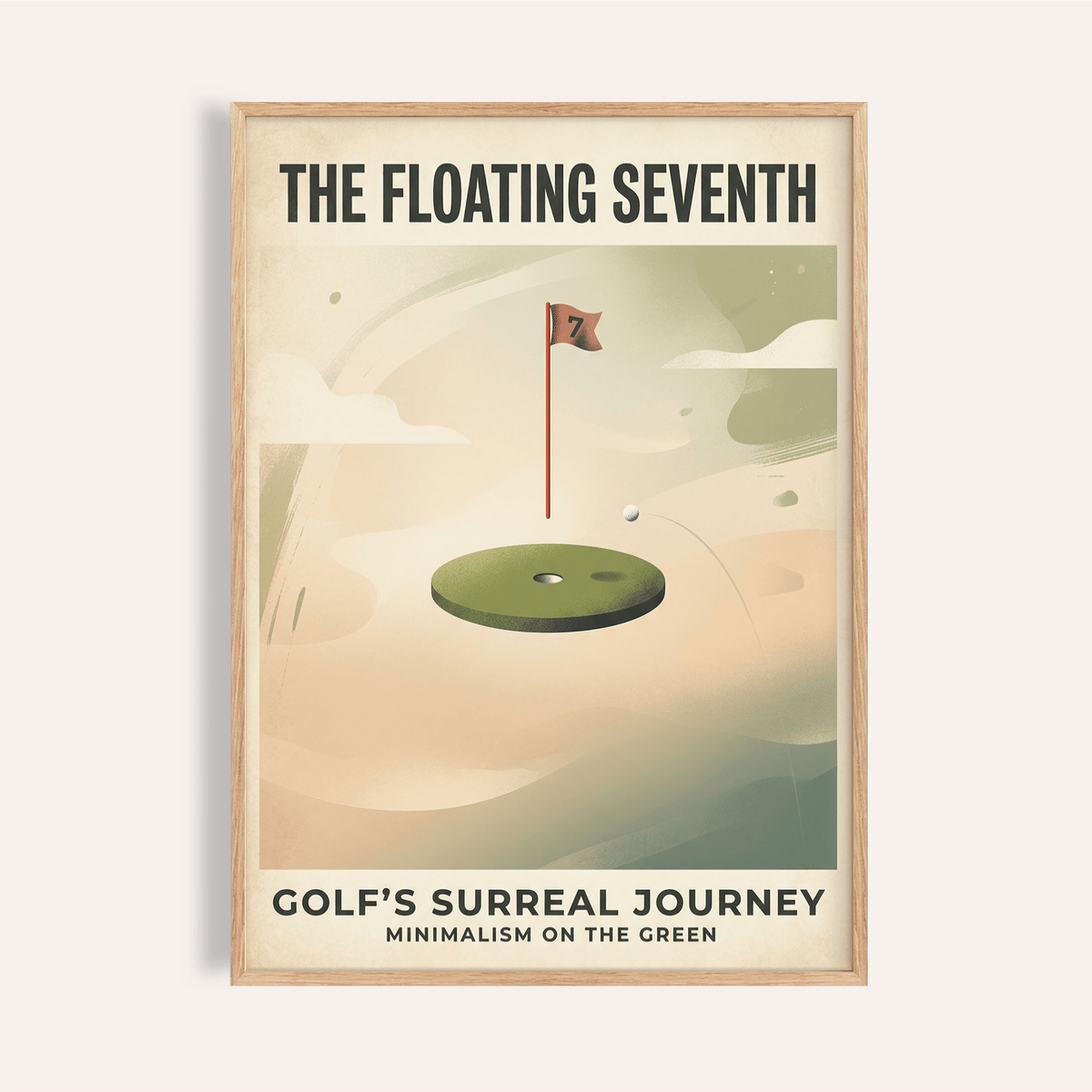 Minimalist poster wall art showing a floating putting green and flag