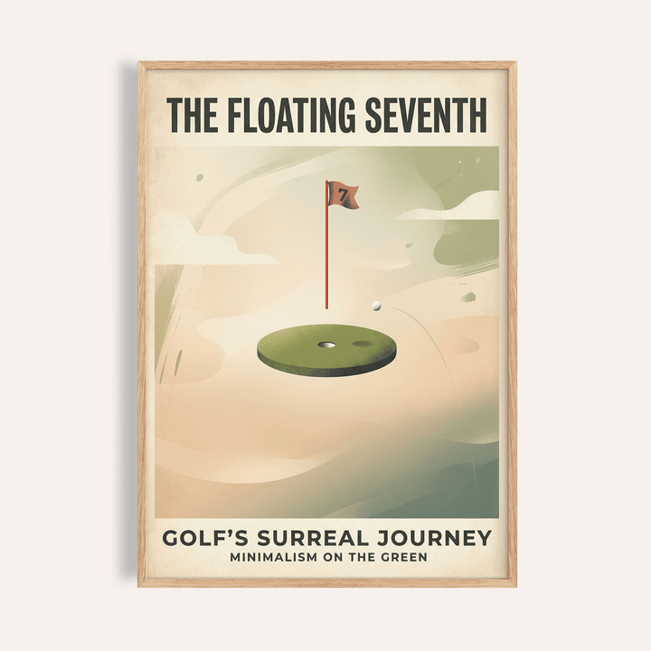 Minimalist poster wall art showing a floating putting green and flag