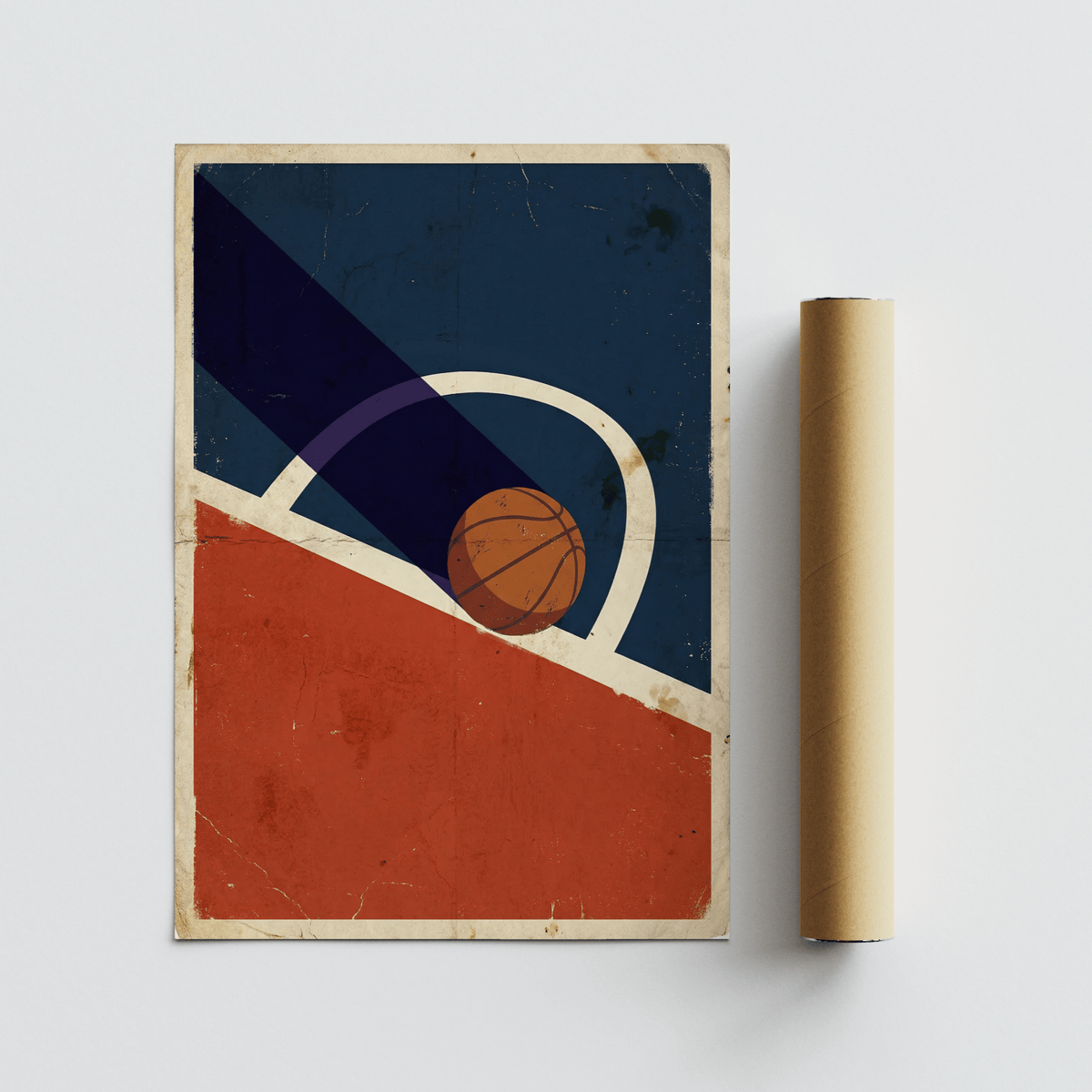 Distressed paper basketball artwork with strong negative space