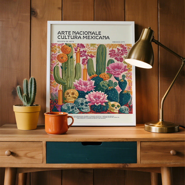 A vibrant altar-inspired Day of the Dead wall art with candles and blooms.