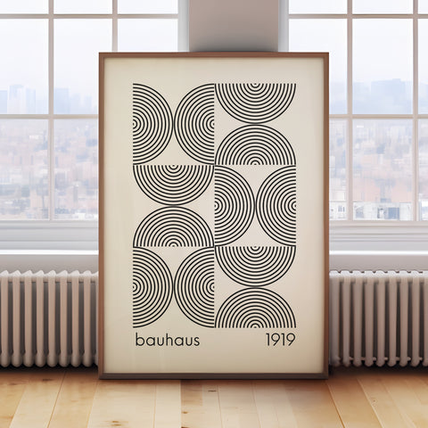 Bauhaus black and white abstract poster with geometric half-circle patterns
