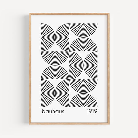 Bauhaus black and white abstract poster with geometric half-circle patterns
