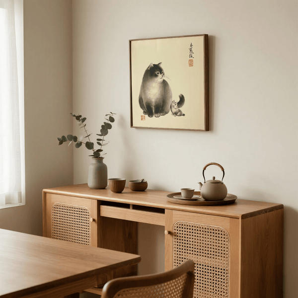 Minimalist Sumi-e Cat Print with Gray and White details for living room decor