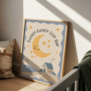 Blue and yellow night sky art showing moon face and scattered stars