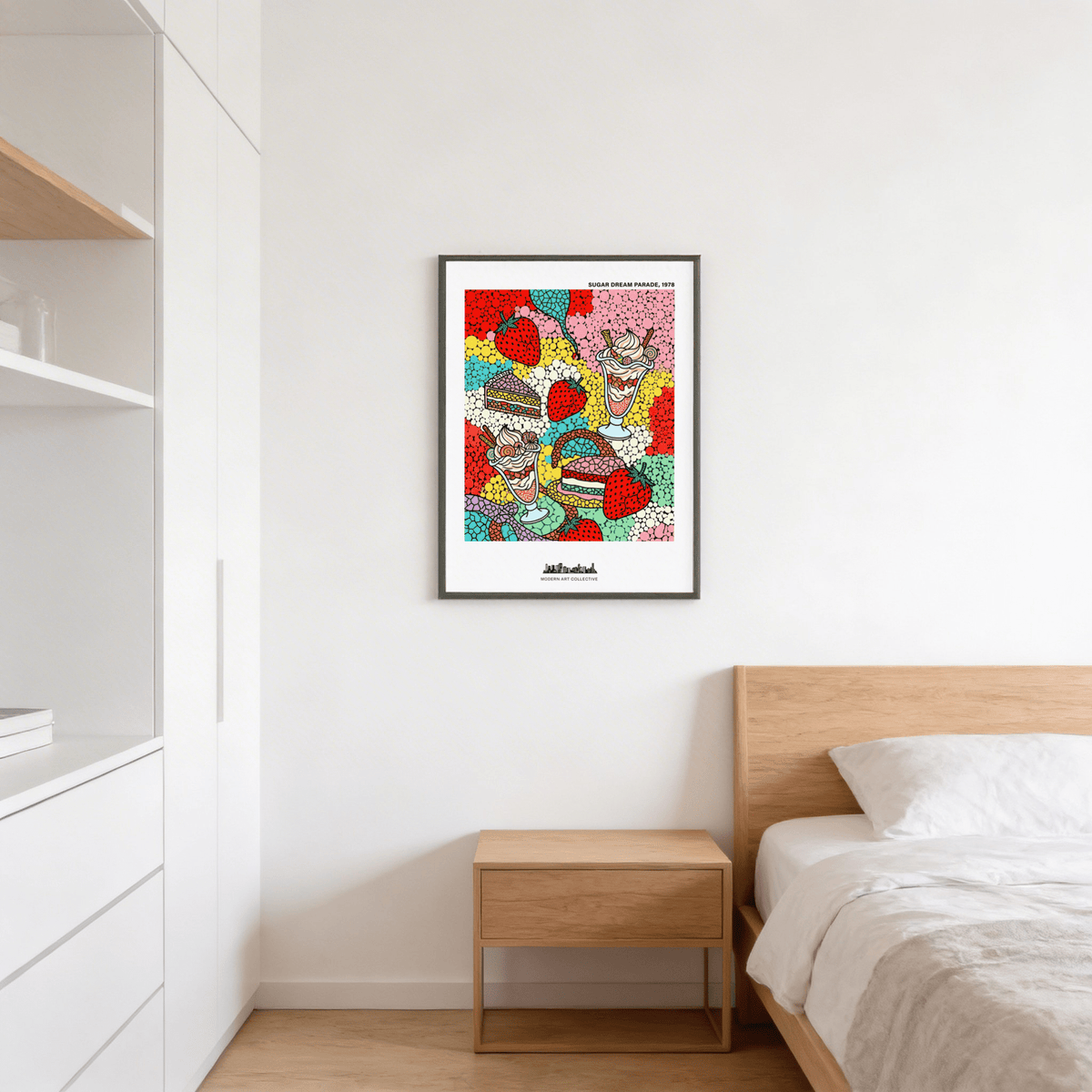 Bold dessert wall art poster with mosaic-like segments and repeating dot clusters
