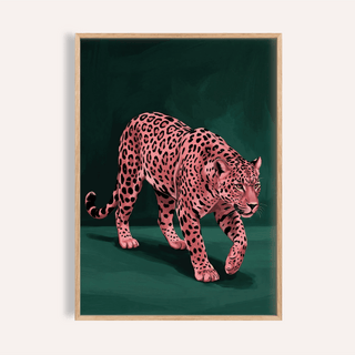 Pink Leopard Wall Art print with green background for living room decor