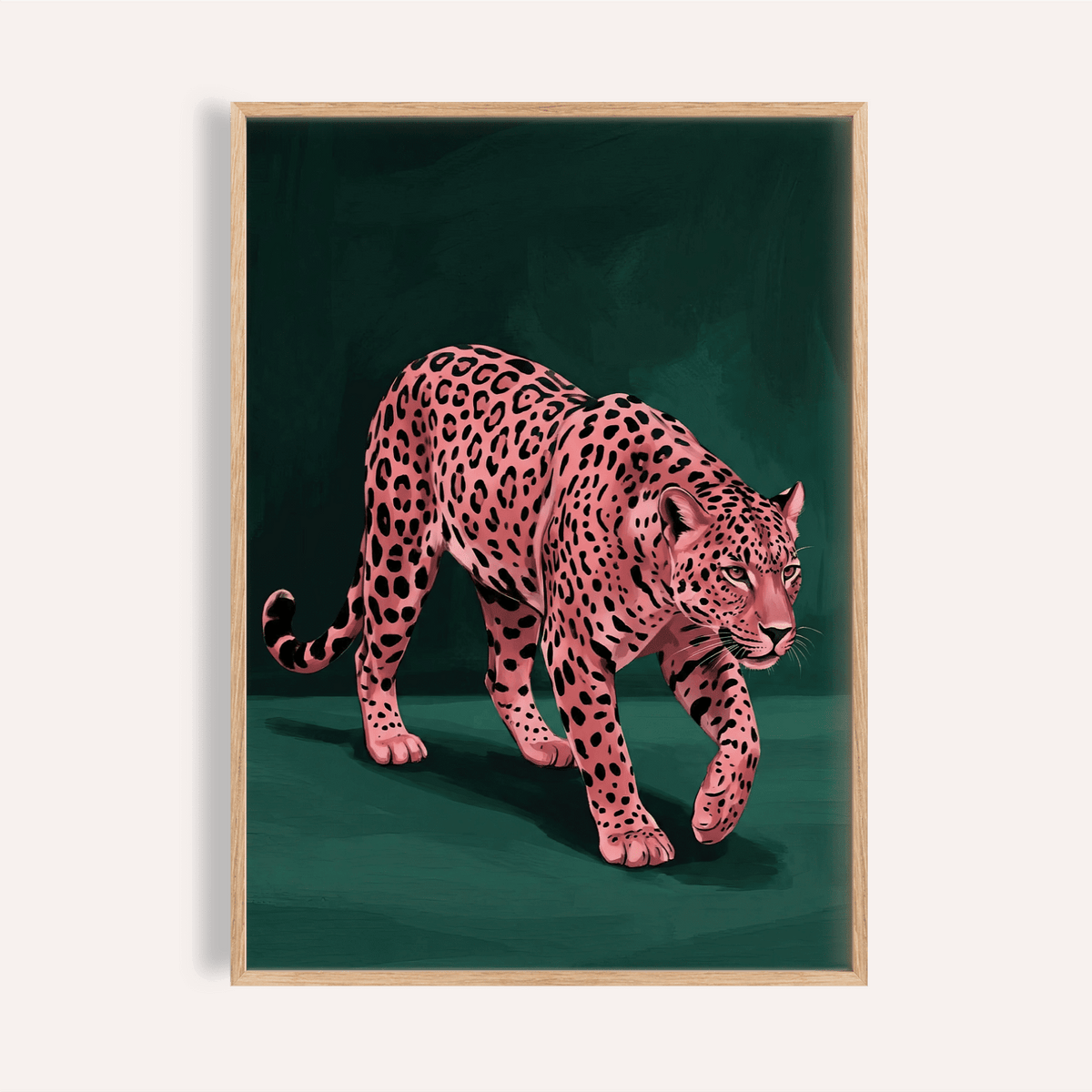 Pink Leopard Wall Art print with green background for living room decor