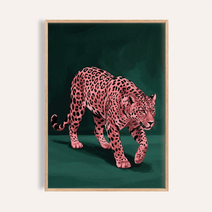 Pink Leopard Wall Art print with green background for living room decor
