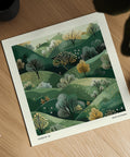 Tranquil green landscape wall art for living room.