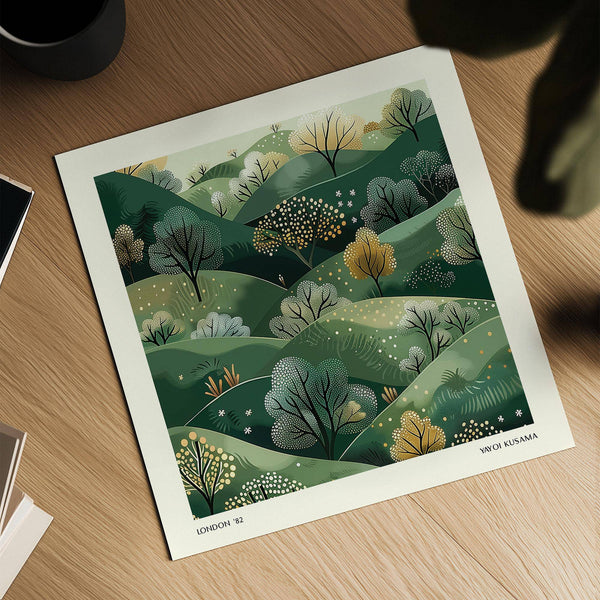 Calming green landscape large nature wall art for modern office spaces