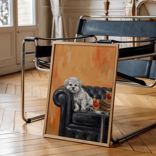 Dog with Human Face wall art with Orange and Black, perfect for office