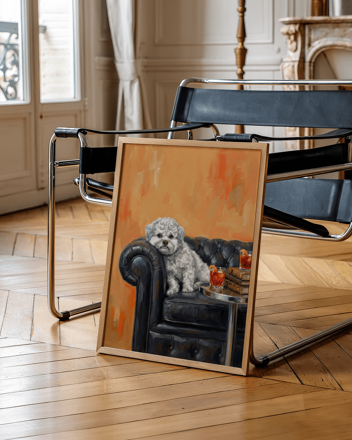 Dog with Human Face wall art with Orange and Black, perfect for office