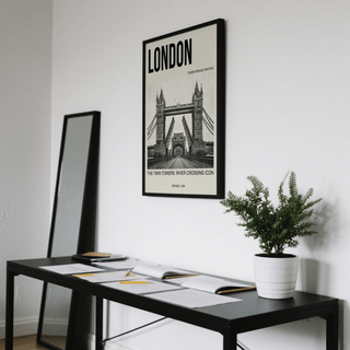 Centered black and white wall art print of Tower Bridge towers and roadway leading lines