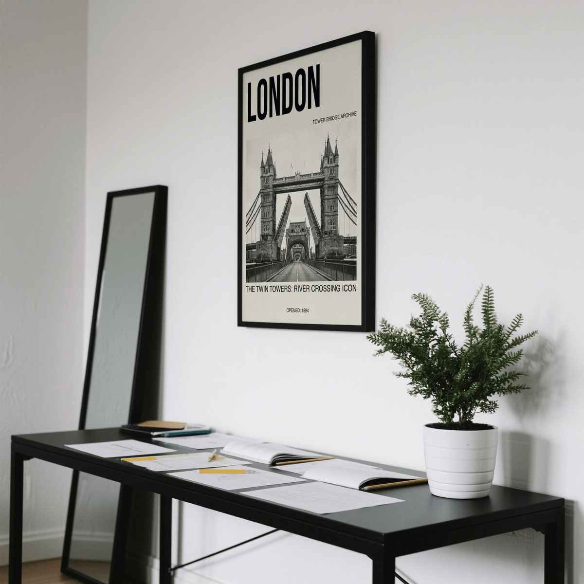 Centered black and white wall art print of Tower Bridge towers and roadway leading lines
