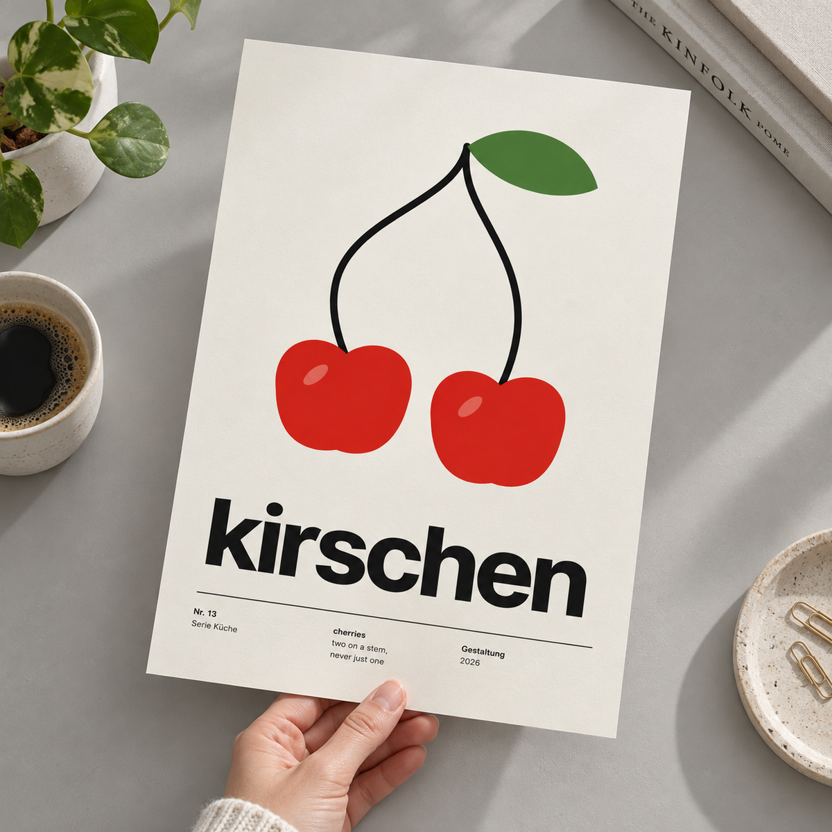 Close view of the Swiss style cherry typography print on smooth matte paper