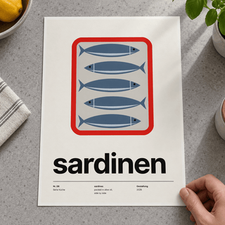 Close view of the Swiss style tinned fish print on smooth matte paper