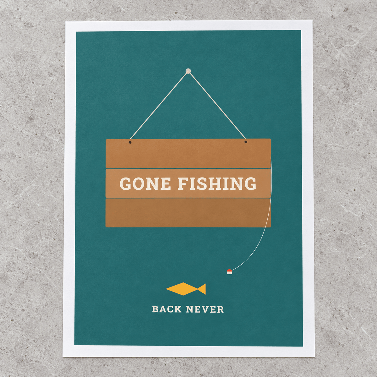 Close view of the fishing retirement print on smooth matte paper
