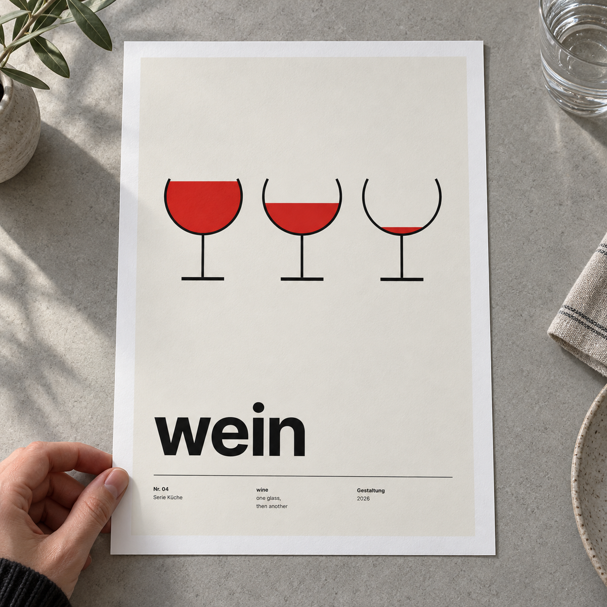 Close view of the minimal wine glass typography print on smooth matte paper