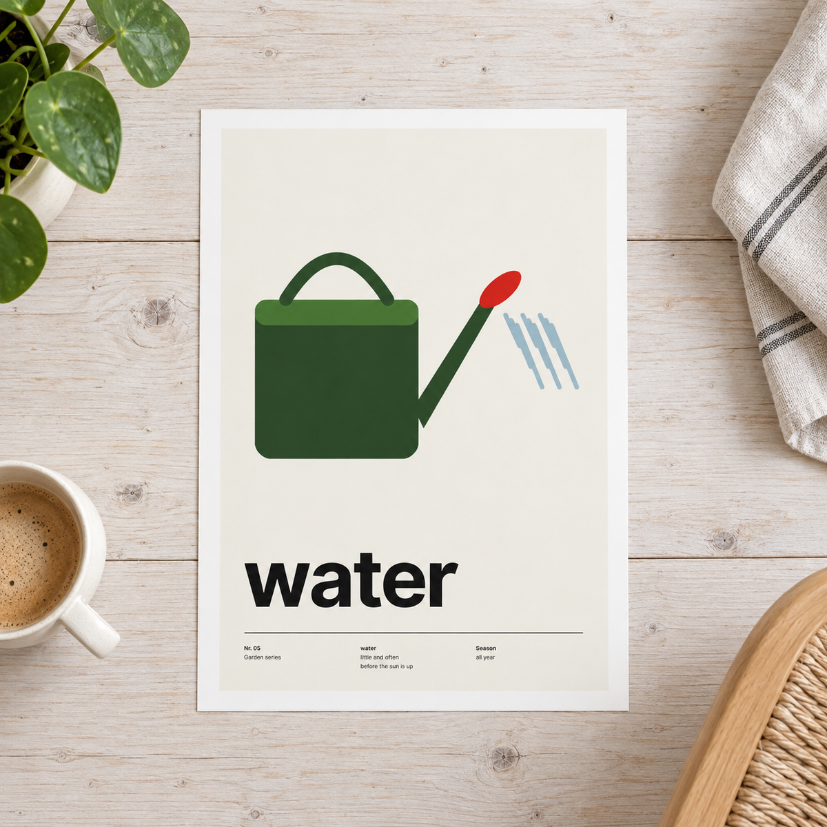 Close view of the Swiss style watering can print on smooth matte paper